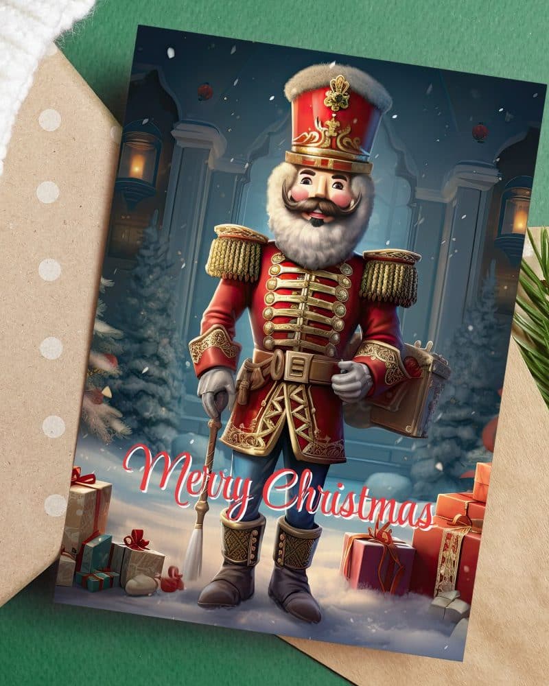Christmas card featuring a nutcracker soldier.