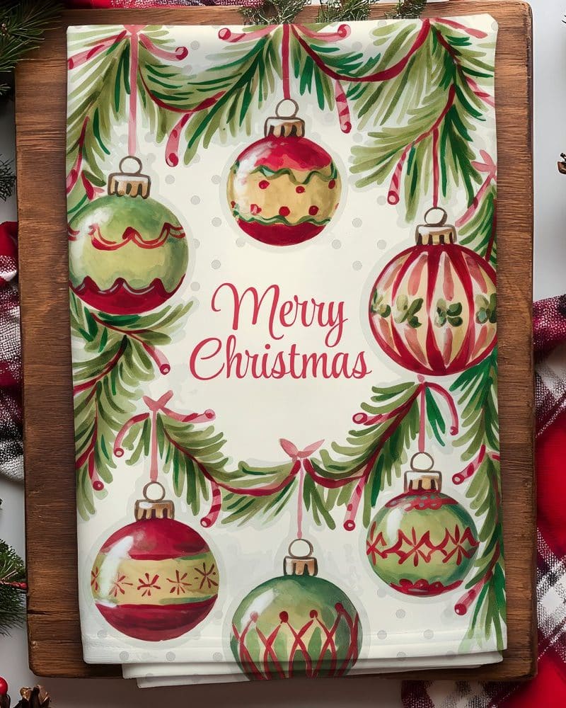 Christmas tea towel with a watercolor design of ornaments and greenery; Merry Christmas text is in the center.