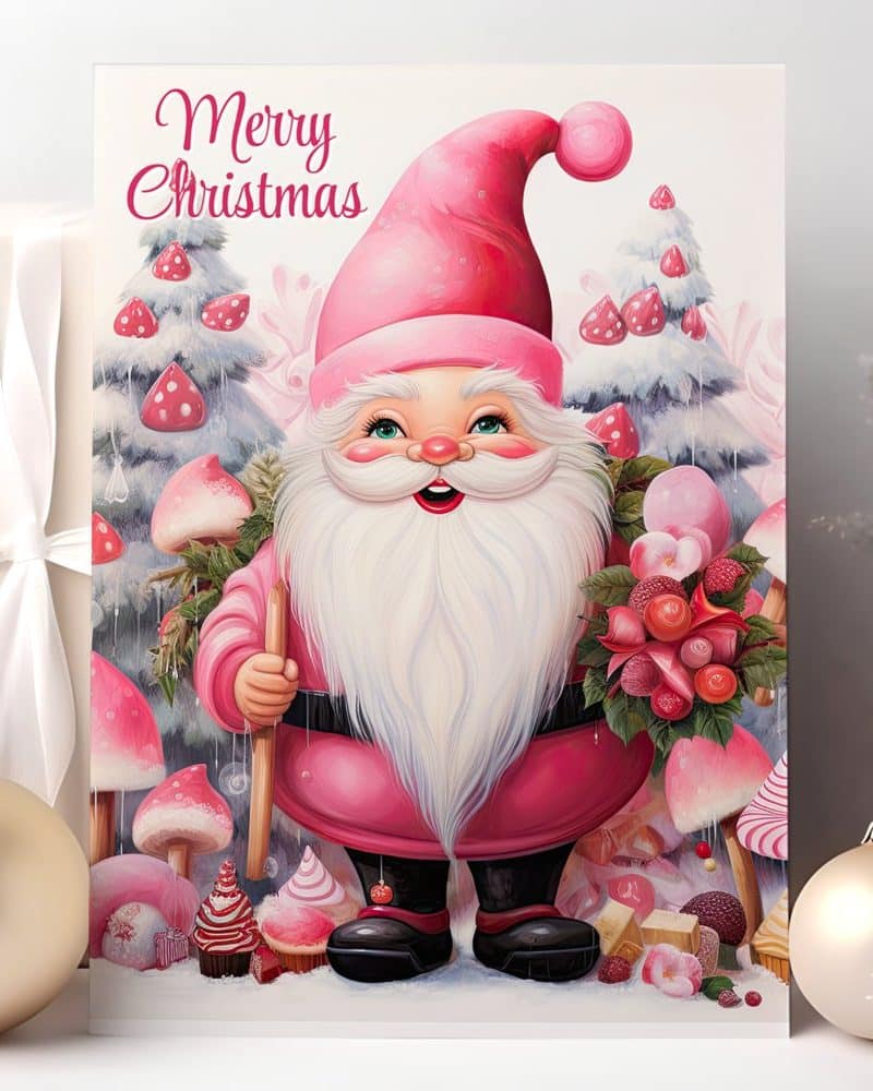 Pink Christmas gnome holding a staff, surrounded by candy and whimsical mushrooms.