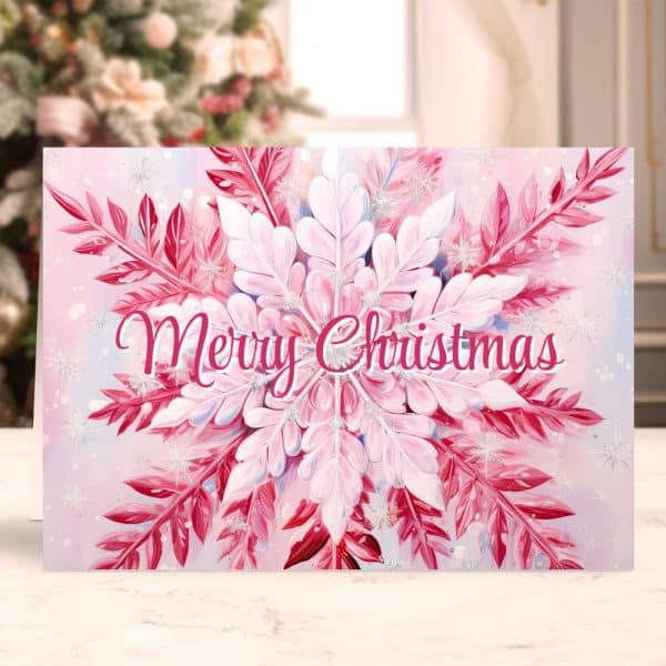 Pink And Red Snowflake Design Christmas Card With Merry Christmas Text.
