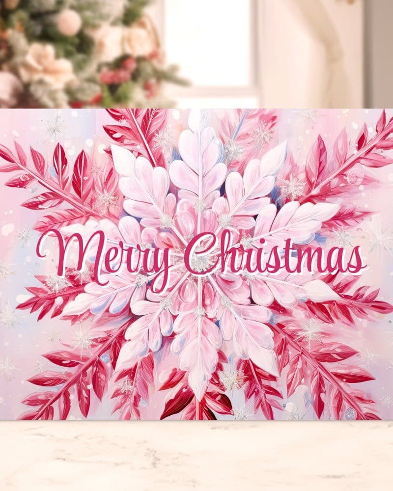 Pink and red snowflake design Christmas card with Merry Christmas text.