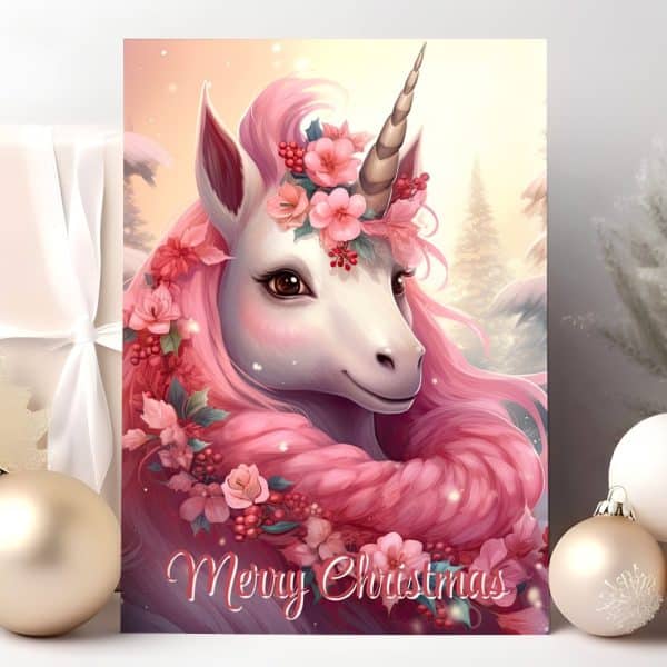 A Pink Unicorn With A Floral Crown, Surrounded By Pink Flowers And Berries. Merry Christmas Is Written Below.