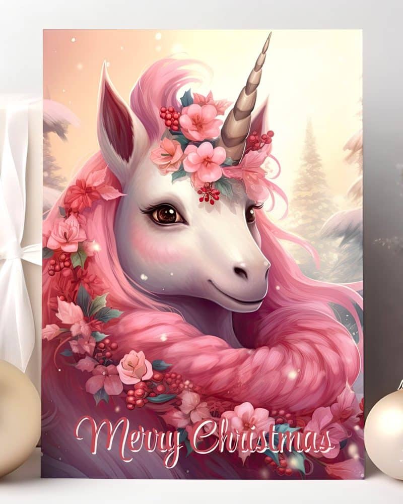 A pink unicorn with a floral crown, surrounded by pink flowers and berries. Merry Christmas is written below.