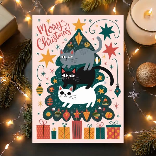 Christmas Card Featuring Three Cats Stacked On A Decorated Christmas Tree.