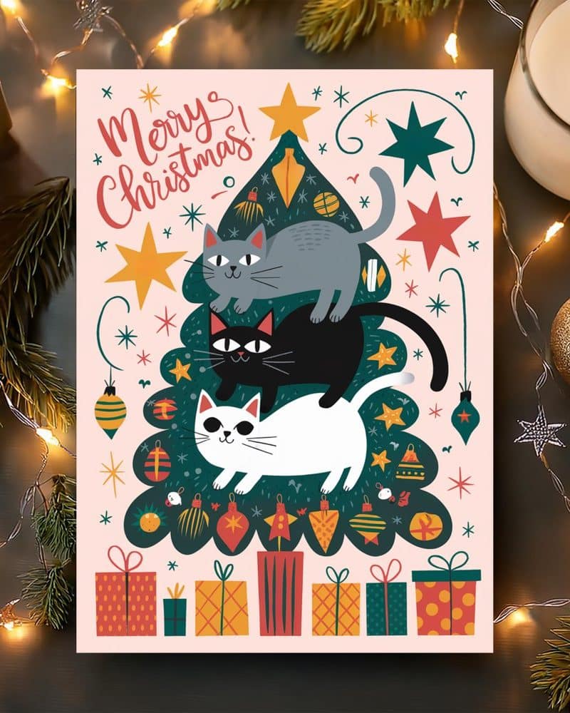 Christmas card featuring three cats stacked on a decorated Christmas tree.