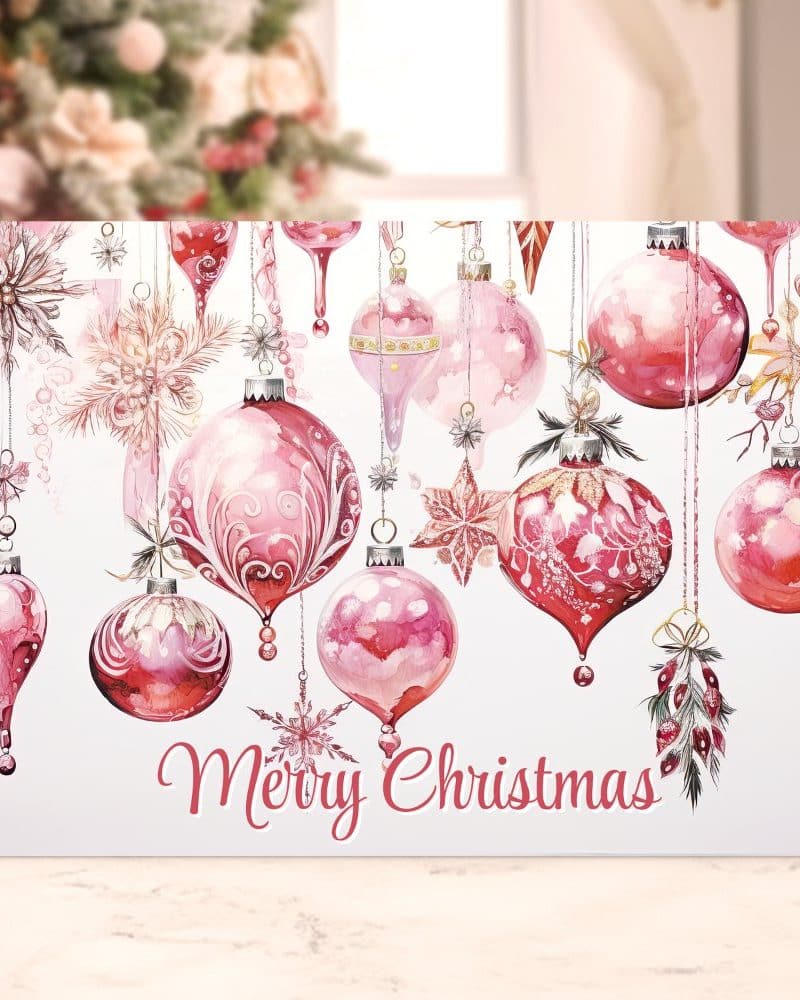 Christmas card featuring pink and red ornaments.