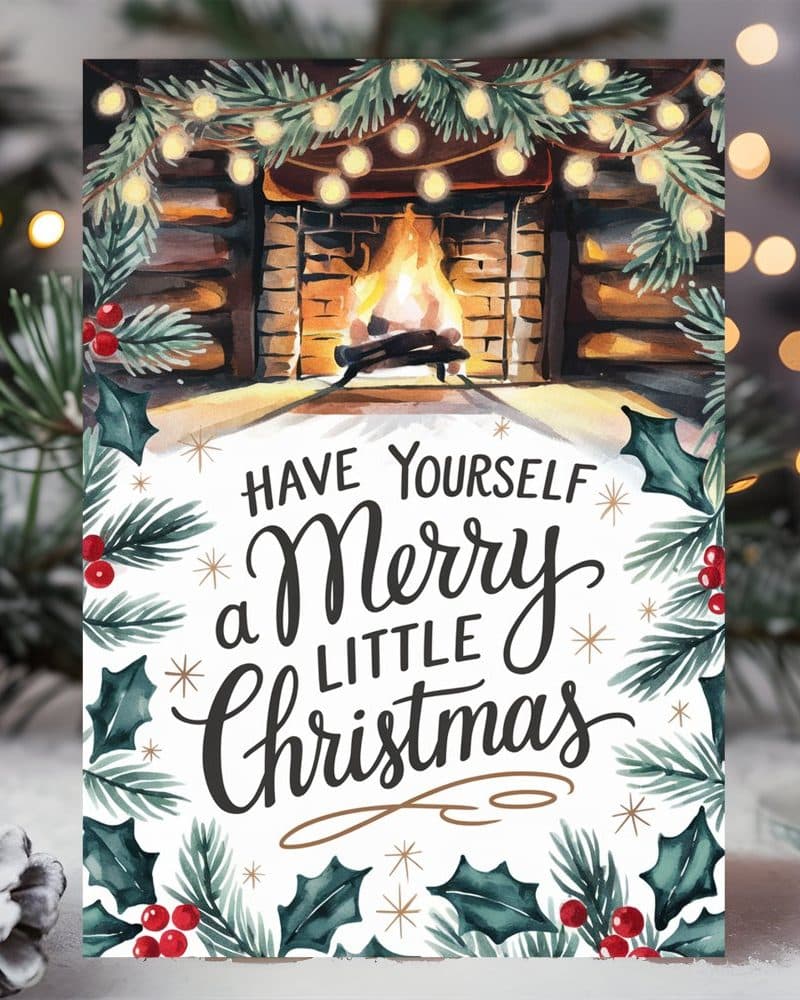 Christmas card featuring a cozy fireplace scene with a holiday message: Have Yourself a Merry Little Christmas.