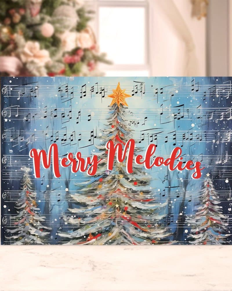 Christmas card depicting a painted winter scene of a decorated Christmas tree with sheet music in the background. The words Merry Melodies are prominently displayed.