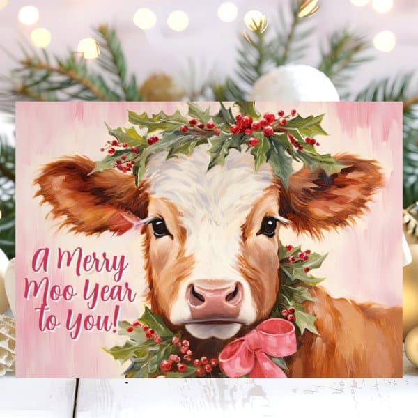 A Painting Of A Calf Wearing A Holly Wreath And Pink Bow, With The Text A Merry Moo Year To You!