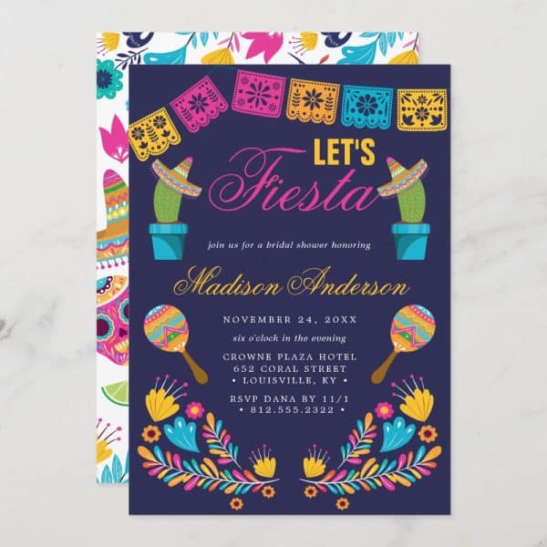 Bridal Shower Invitation For Madison Anderson, Featuring A Fiesta Theme With Colorful Decorations And Maracas.