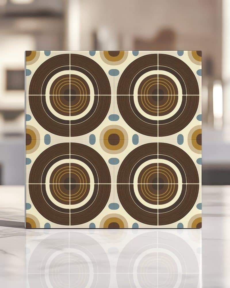 Square tile with a repeating pattern of concentric circles in brown, beige, and blue.