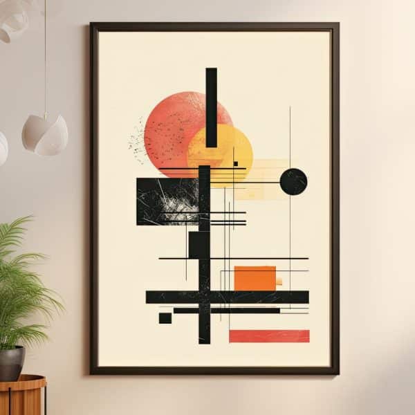 Abstract Geometric Artwork Featuring Overlapping Circles In Orange And Red, And Black Lines And Shapes On A Cream Background.