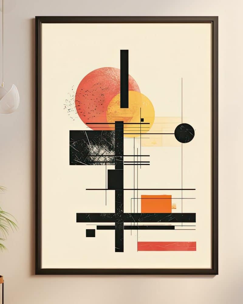 Abstract geometric artwork featuring overlapping circles in orange and red, and black lines and shapes on a cream background.