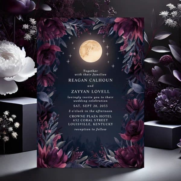 Wedding Invitation With Dark Floral Border, Full Moon, And Star Details.