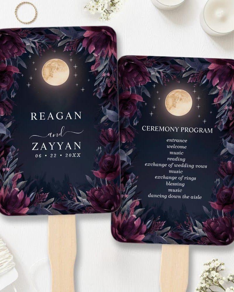 Midnight Garden Moon Wedding Program Hand Fan