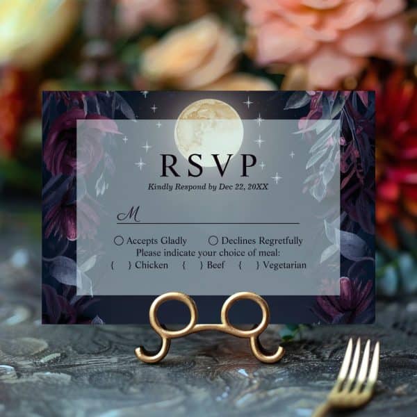 Rsvp Card With Dark Floral Design, A Full Moon, And Stars; It Requests A Response By December 22Nd And Meal Choice.