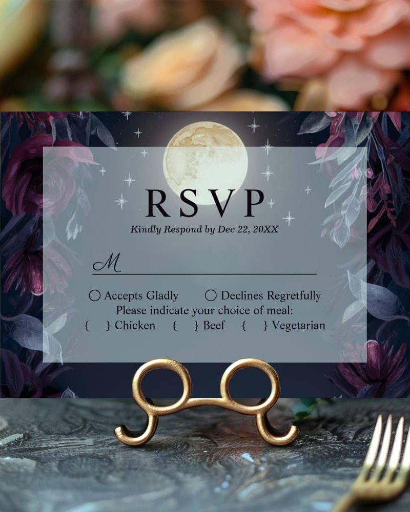 RSVP card with dark floral design, a full moon, and stars; it requests a response by December 22nd and meal choice.