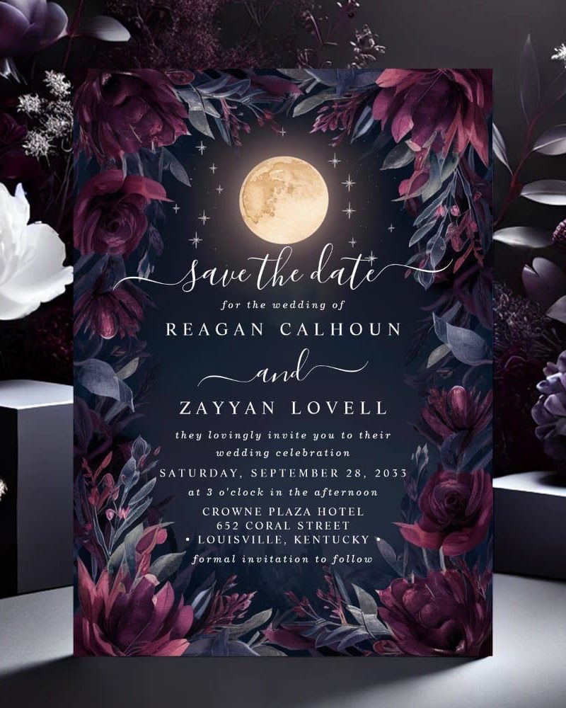 Save the date wedding invitation with dark floral details and a full moon.