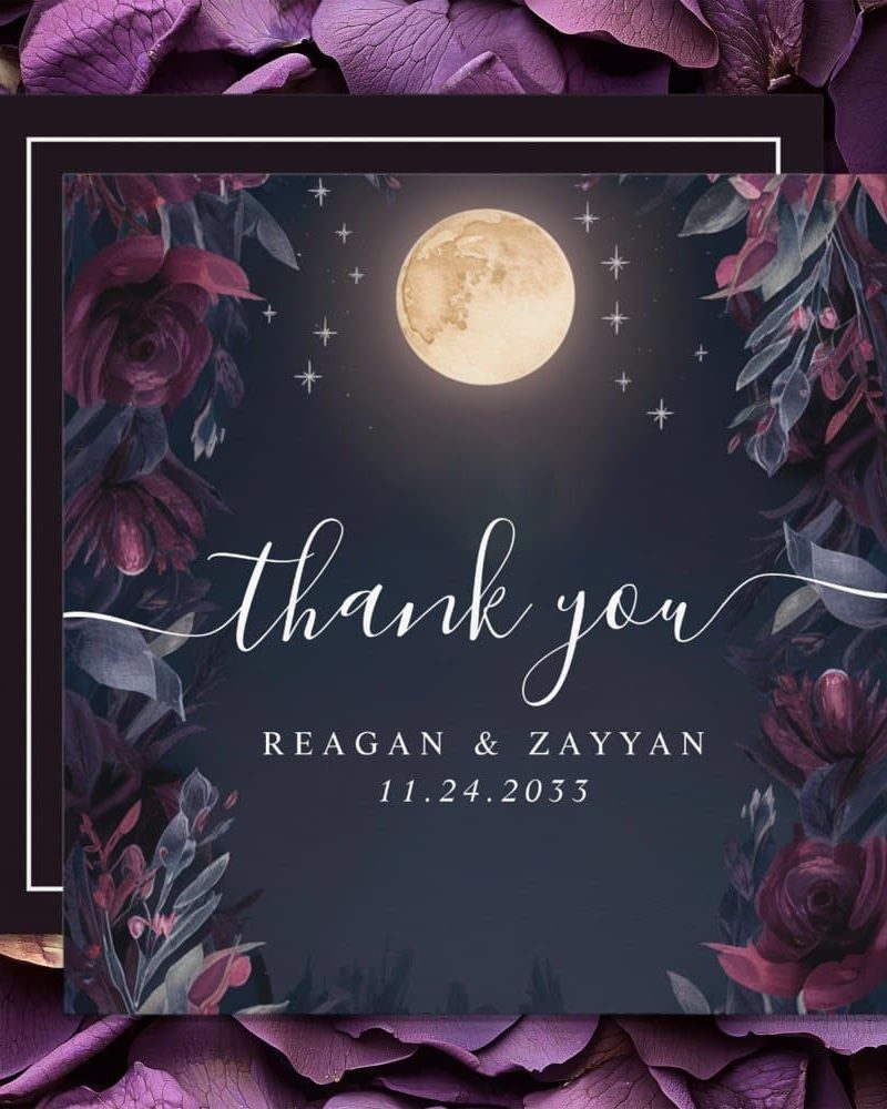 Thank you card with dark floral border, full moon, and names Reagan & Zayyan, date November 24, 2033.