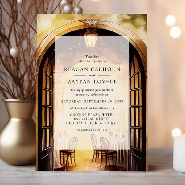 Wedding Invitation Featuring A Watercolor Painting Of An Arched Doorway Leading To A Dimly Lit Reception Area.