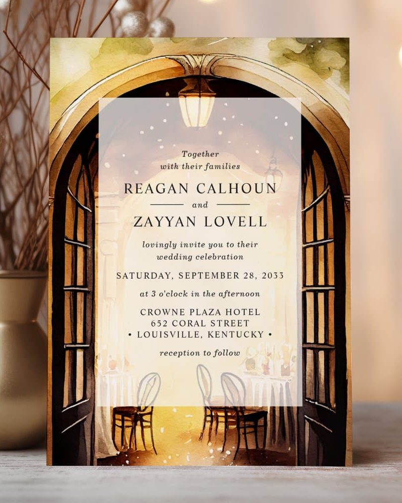 Wedding invitation featuring a watercolor painting of an arched doorway leading to a dimly lit reception area.