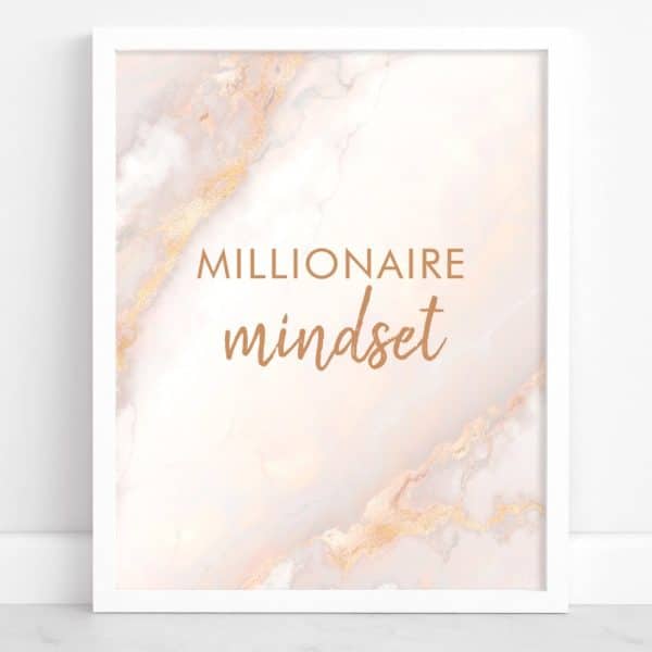 White Framed Print Featuring A Pink Marble Texture With Gold Accents And The Text Millionaire Mindset In Copper Lettering.