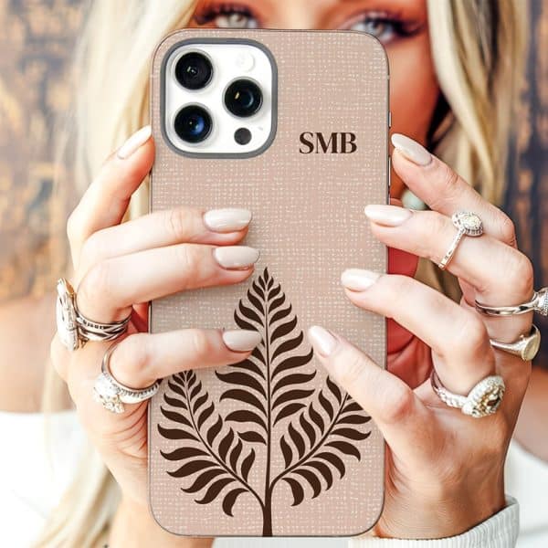 Beige Phone Case With A Brown Fern Design And Initials Smb.
