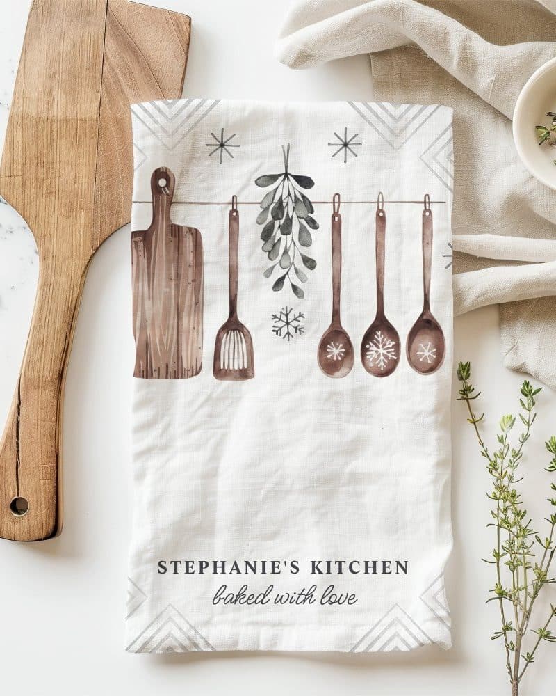 Kitchen tea towel with watercolor illustration of wooden cooking utensils hanging with mistletoe and snowflakes. The text Stephanie's Kitchen baked with love is at the bottom.