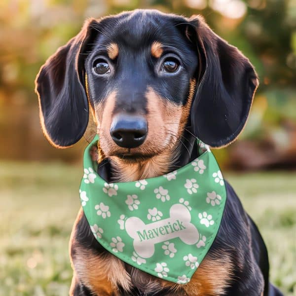 A Dachshund Puppy Wearing A Light Green Bandana With White Paw Prints And Its Name, Maverick, On A Bone-Shaped Graphic.