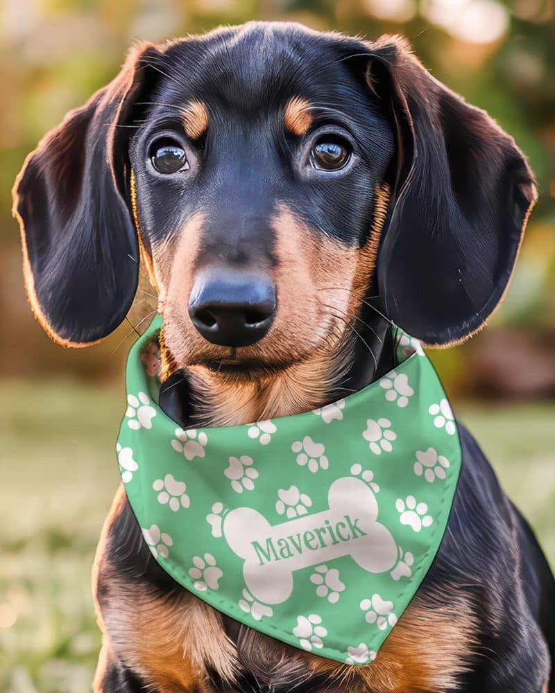 A dachshund puppy wearing a light green bandana with white paw prints and its name, Maverick, on a bone-shaped graphic.