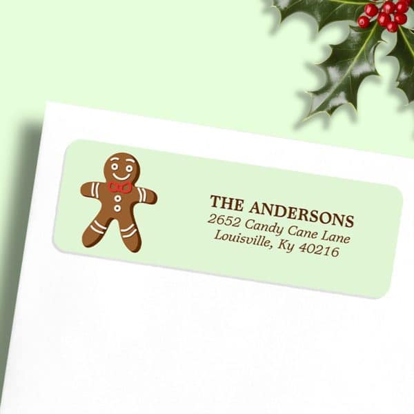 Light Green Return Address Label With A Gingerbread Man And The Andersons Family Address.