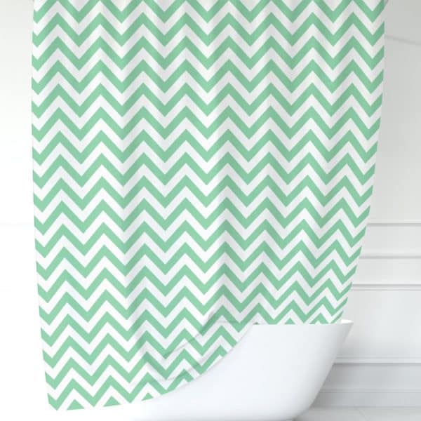Mint Green And White Chevron Patterned Shower Curtain.