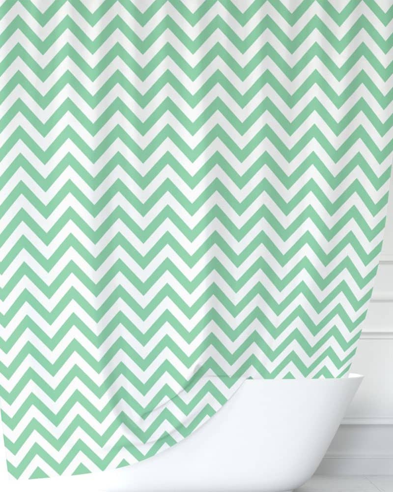 Mint green and white chevron patterned shower curtain.
