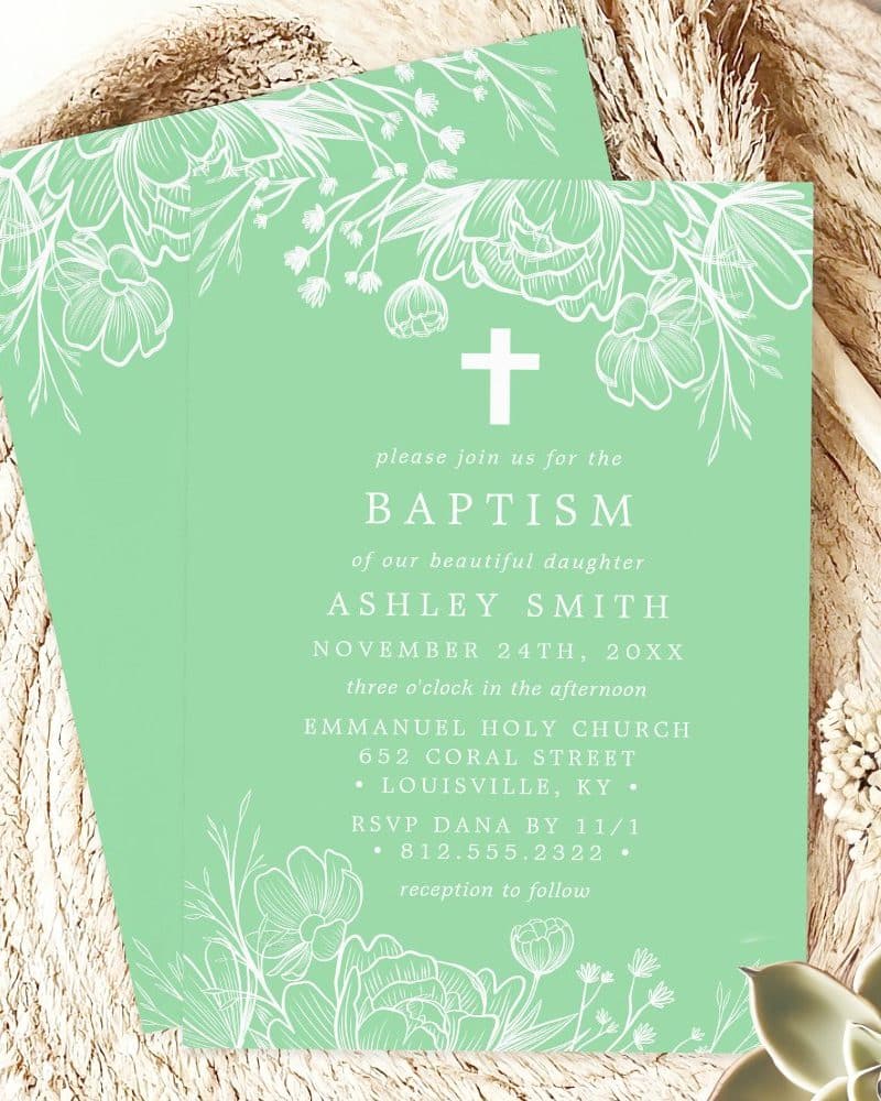 Mint green baptism invitation with white floral border and cross; Ashley Smith's baptism details are listed.