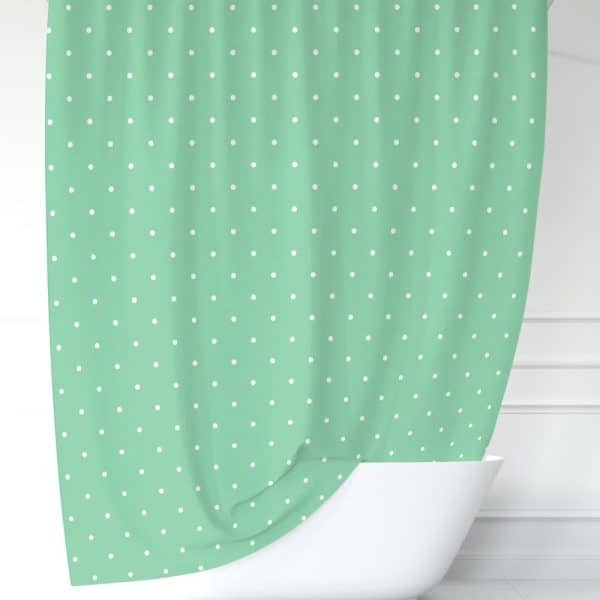 Mint Green Shower Curtain With White Polka Dots.