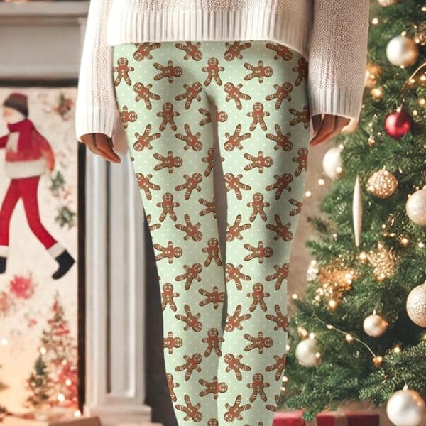 Pair Of Light Green Leggings Featuring A Repeating Pattern Of Gingerbread Men.