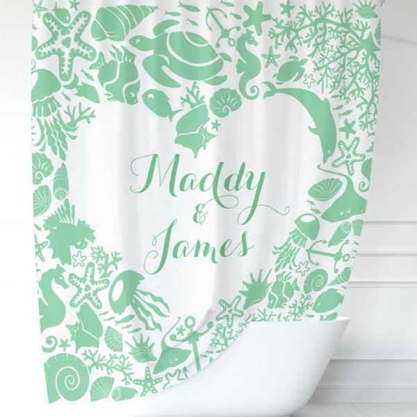 Mint Green Sea Creature Shower Curtain With The Names Maddy &Amp; James In The Center.