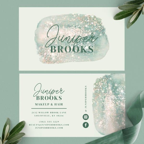 Juniper Brooks Makeup And Hair Business Card With A Teal Glitter Design.