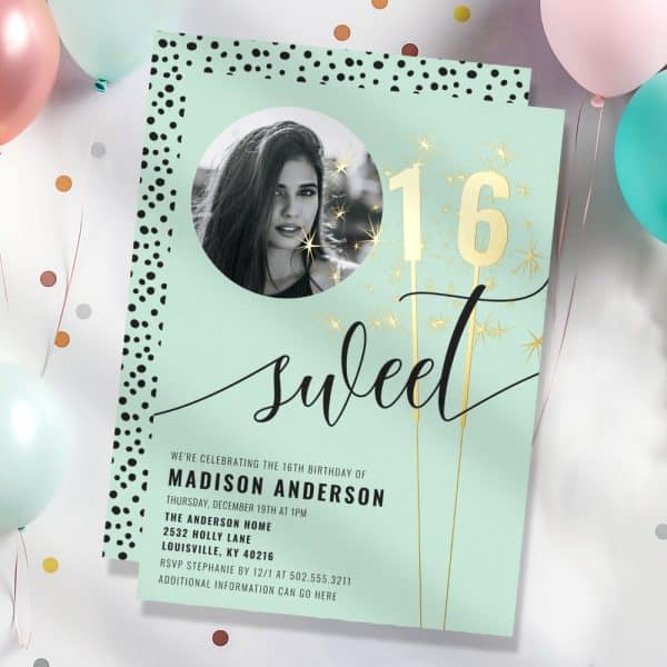 Sweet Sixteen Birthday Invitation With A Photo Of The Birthday Girl And Gold Sparklers Forming The Number Sixteen.