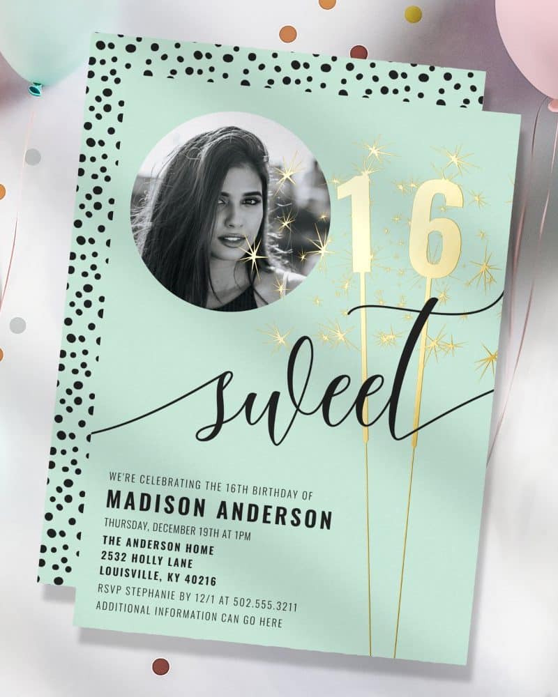 Sweet sixteen birthday invitation with a photo of the birthday girl and gold sparklers forming the number sixteen.