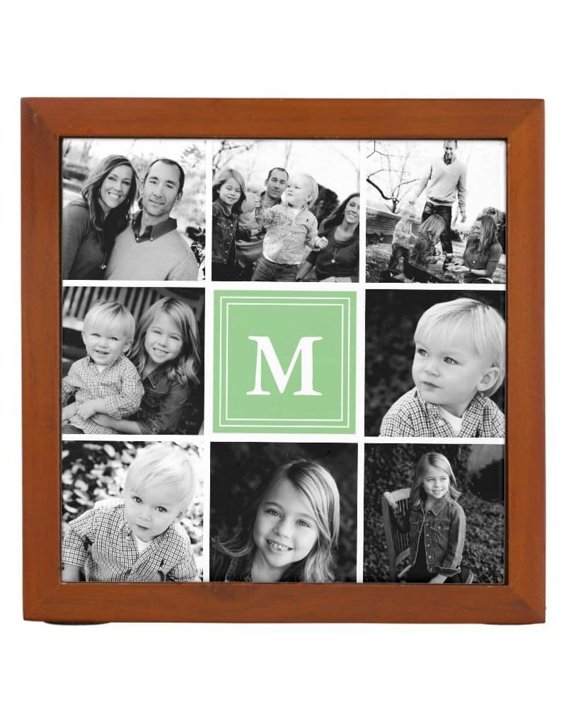 Brown wood frame photo collage of black and white family photos with a central green square monogrammed with the letter M.