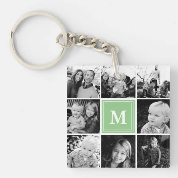 Square Keychain With Black And White Family Photos And A Light Green Monogram.