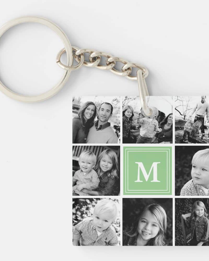 Square keychain with black and white family photos and a light green monogram.