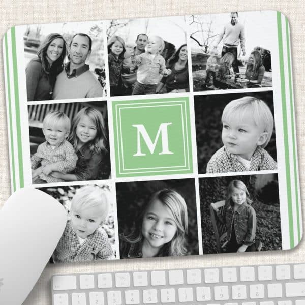 Mousepad With A Collage Of Black And White Family Photos And A Central Green M.