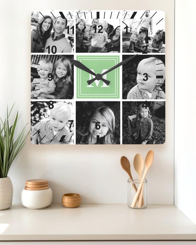 Square clock with family photos in black and white, featuring a mint green initial in the center.