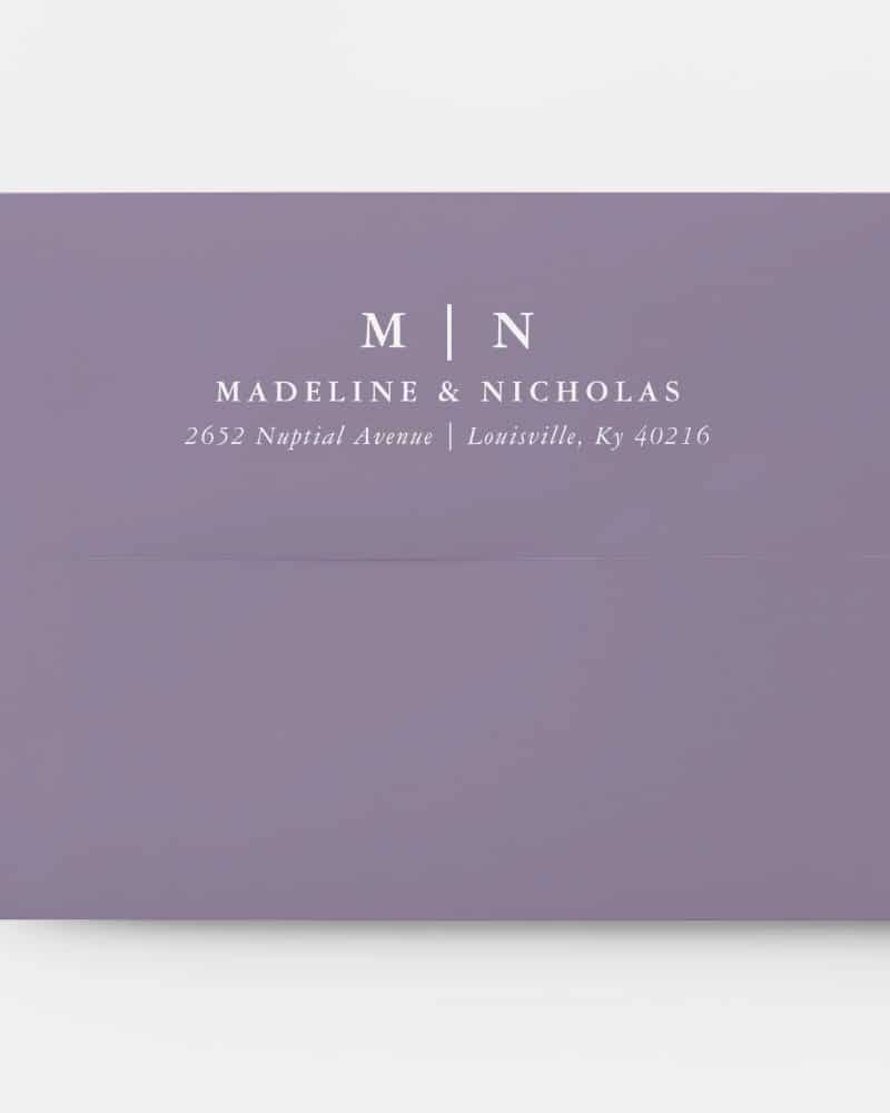 Purple wedding invitation envelope with Madeline & Nicholas's names and address.