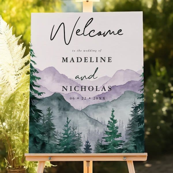 Misty Mountain Forest Watercolor Wedding Welcome Foam Board