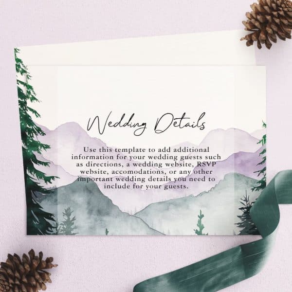 Wedding Details Card With Watercolor Mountains And Trees.