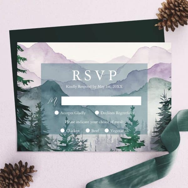 Rsvp Card With Watercolor Mountain And Forest Scene.