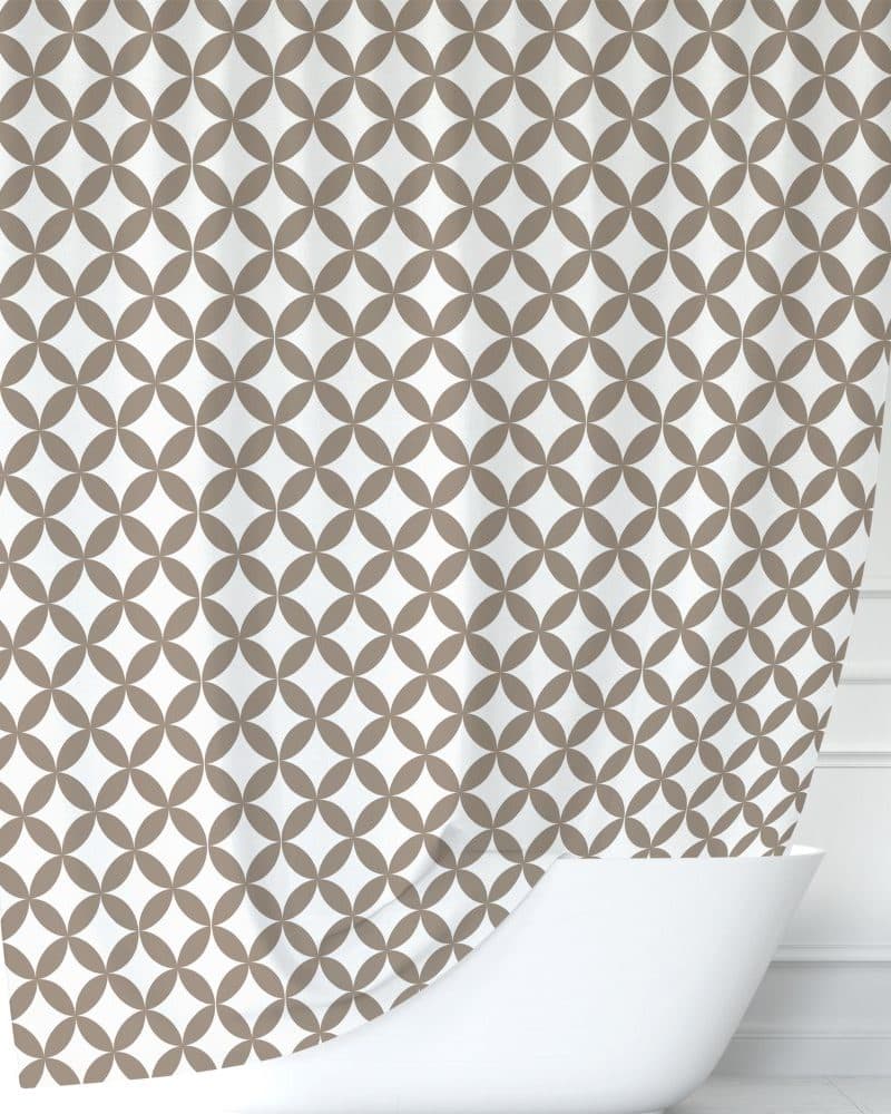 Beige shower curtain with a repeating geometric pattern.